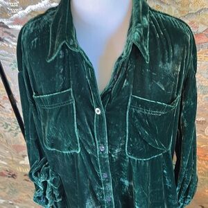 FREE PEOPLE CRUSHED VELVET BUTTON UP OVERSIZED SHIT DRESS EMERALD GREEN SIZE XS